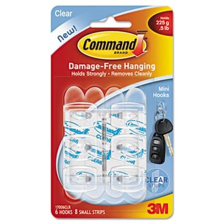 Command Command 17006CLR Clear Hooks and Strips  Plastic  Mini  6 Hooks with 8 Adhesive Strips per Pack 17006CLR